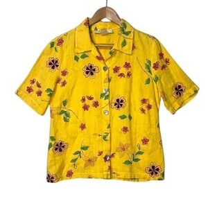 Boy Blue Vintage 100%‎ Linen Yellow floral button-up shirt boho vibe sz M